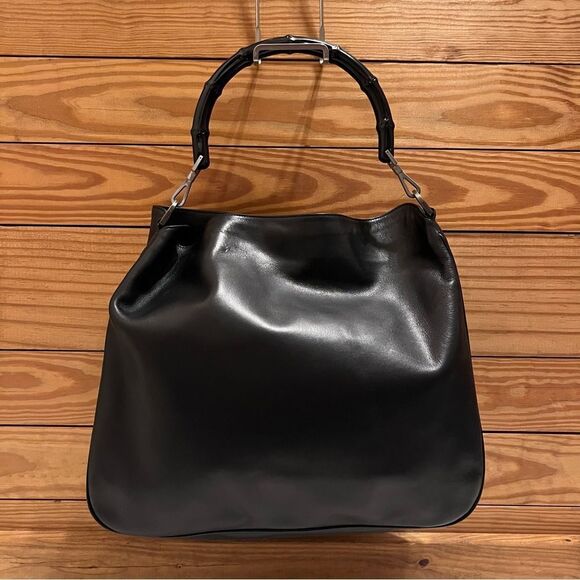 AUTH GUCCI GG black leather bamboo handles bag vintage retro minimalist NO STRAP - Picture 1 of 11